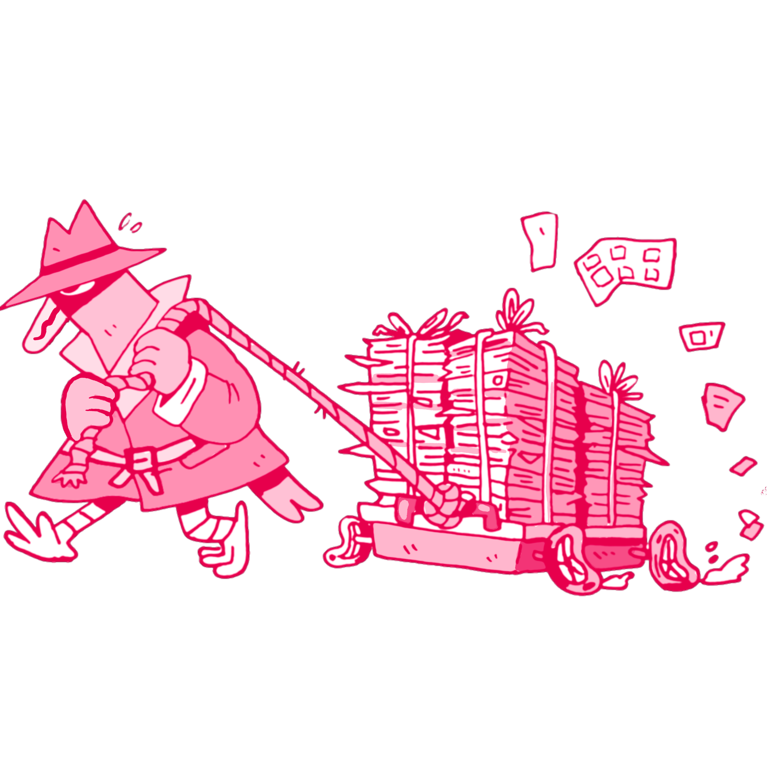 Home button. A goose hauling a massive pile of newspapers on a broken down cart.